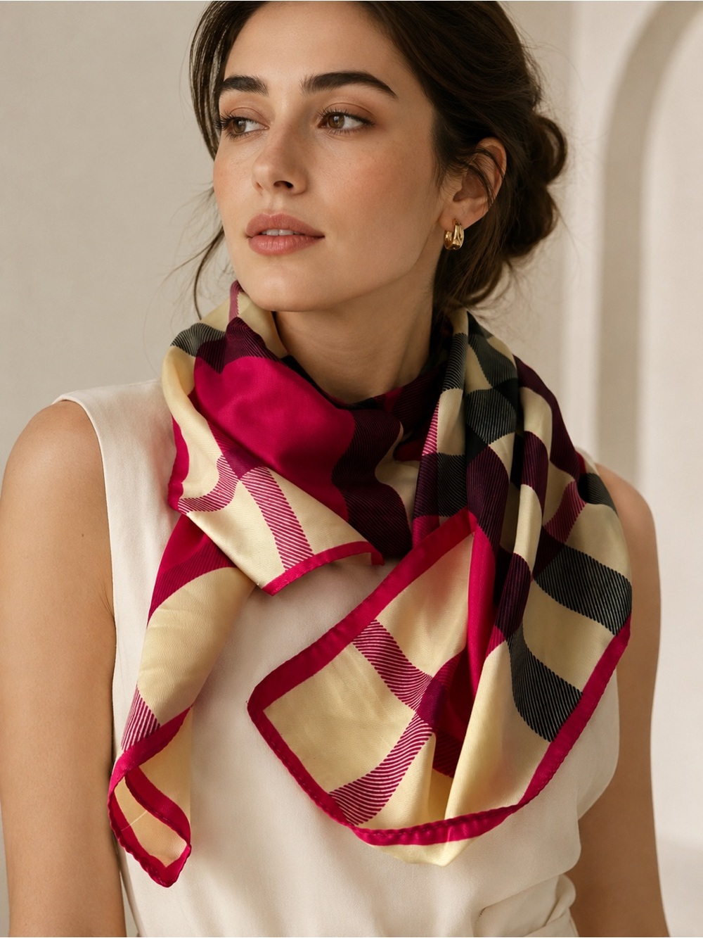 Silk-Effect Pink Checkered Women's Scarf